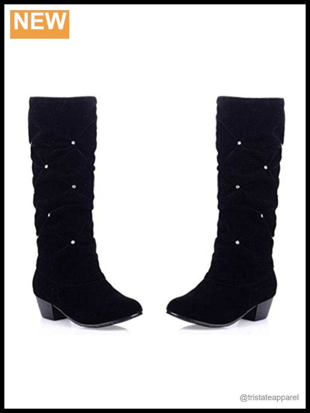 Women's Fashion Slouch Mid Calf Boots Rhinestone Round Toe Suede Low Heel Dress
